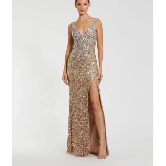 NEW Mac Duggal Shimmering Gold Sequin Slit Gown  #1068  NWT - Size 0 - Picture 1 of 12